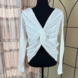 White Knitted Twist V-Neck Sweater